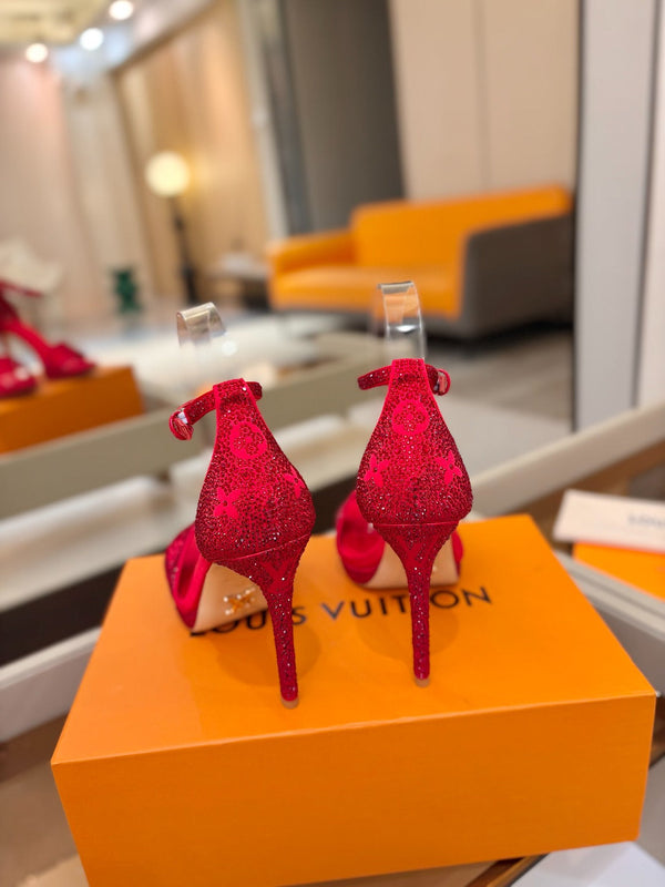 LV Sandals 11cm Red Silk Rhinestone 844391