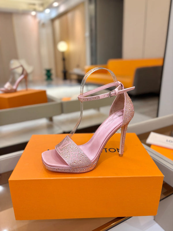 LV Sandals 11cm Pink Silk Rhinestone 844390