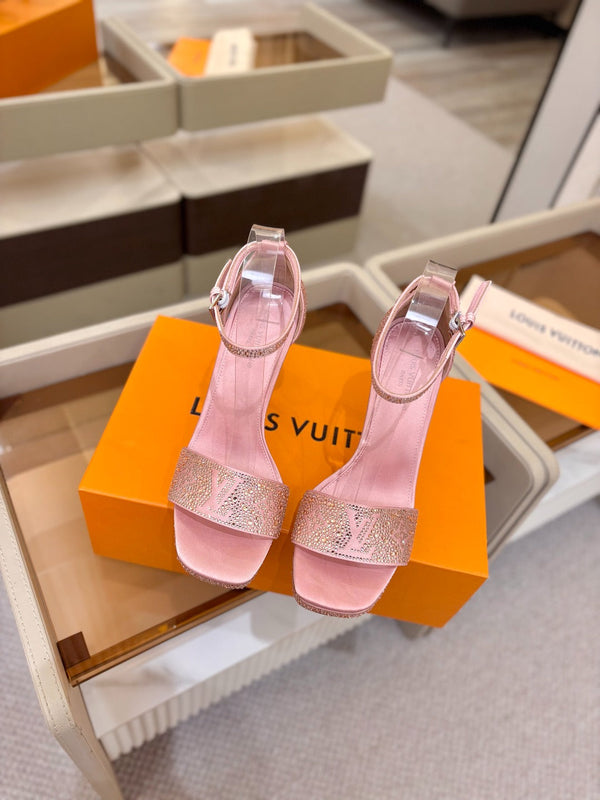 LV Sandals 11cm Pink Silk Rhinestone 844390