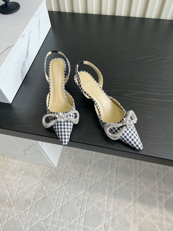 Mach Gingham Bow Slingback Pumps Black White Fabric 851908