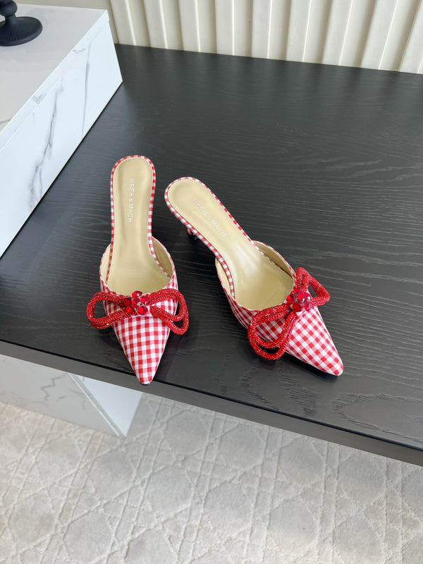 Mach Gingham Bow Slingback Pumps Red White Fabric 851905
