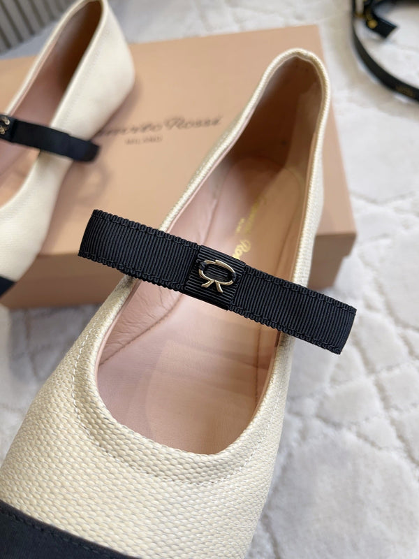 GR Mary Jane Flats Black Beige Lambskin & Fabric 851886