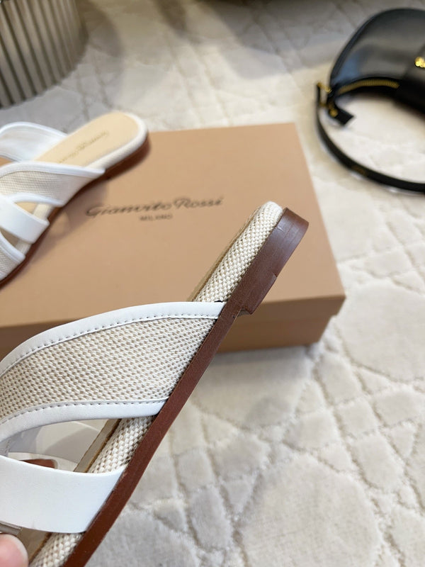 GR Paros Studded Flat Sandals White Cowhide & Fabric 851844