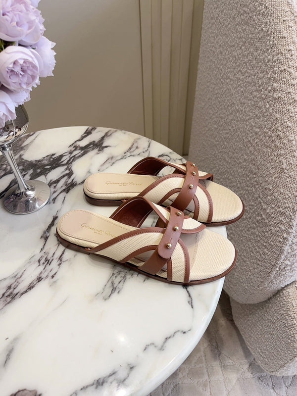 GR Paros Studded Flat Sandals Brown Cowhide & Fabric 851843