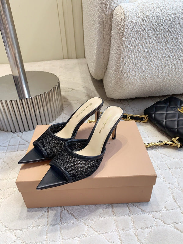 GR Pointed-Toe Mule Sandals 8.5cm Black Cowhide & Mesh 854881