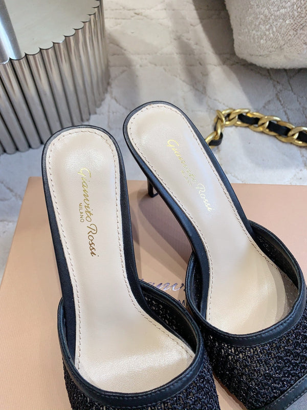 GR Pointed-Toe Mule Sandals 8.5cm Black Cowhide & Mesh 854881