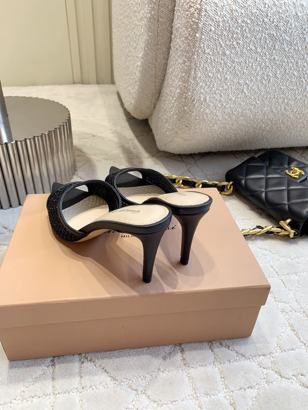 GR Pointed-Toe Mule Sandals 8.5cm Black Cowhide & Mesh 854881