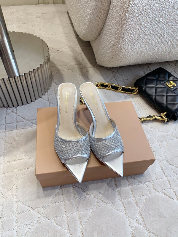 GR Pointed-Toe Mule Sandals 8.5cm Silver Metallic Cowhide & Mesh 854880