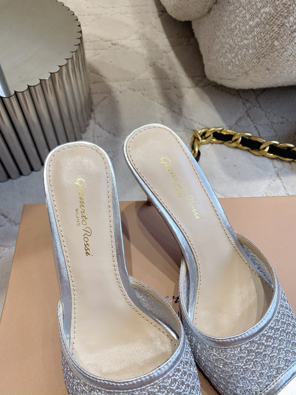 GR Pointed-Toe Mule Sandals 8.5cm Silver Metallic Cowhide & Mesh 854880