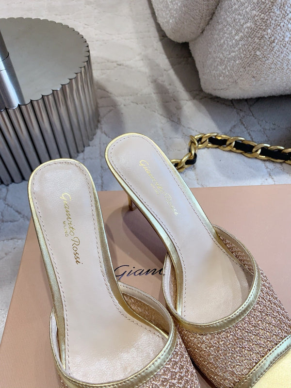 GR Pointed-Toe Mule Sandals 8.5cm Gold Metallic Cowhide & Mesh 854879