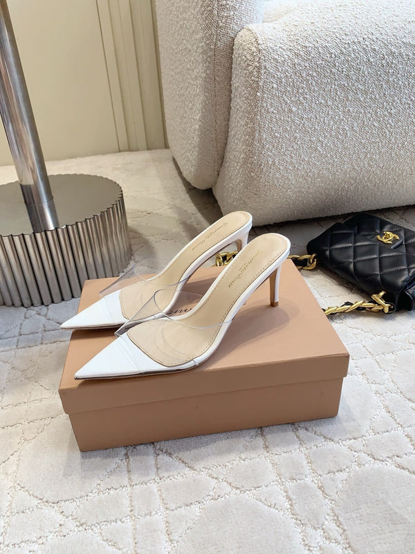 GR Pointed-Toe Mule Sandals 8.5cm White Patent Cowhide & PVC 854877