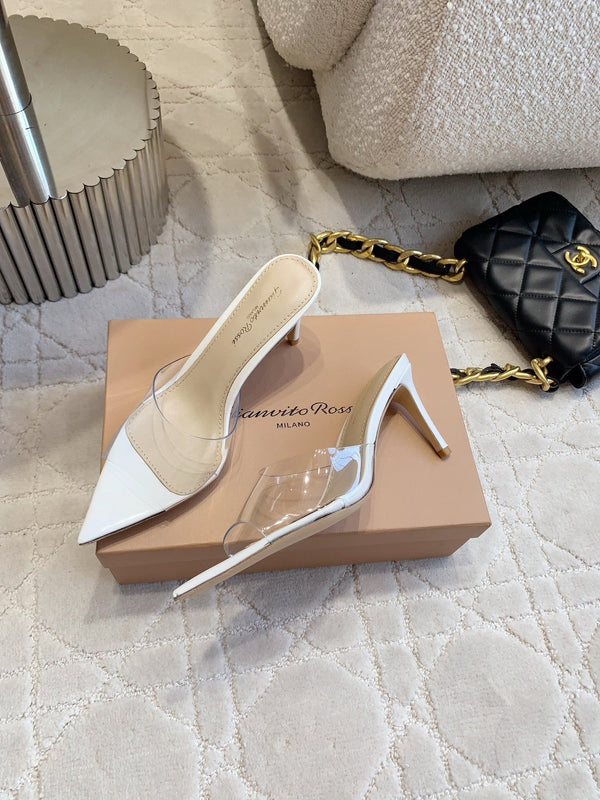 GR Pointed-Toe Mule Sandals 8.5cm White Patent Cowhide & PVC 854877