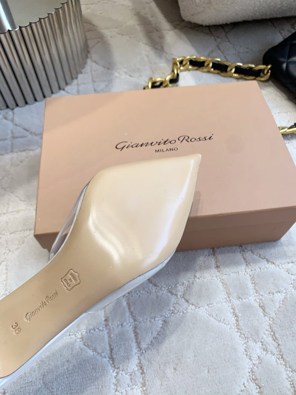 GR Pointed-Toe Mule Sandals 8.5cm White Patent Cowhide & PVC 854877