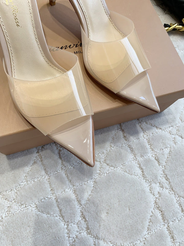 GR Pointed-Toe Mule Sandals 8.5cm Beige Patent Cowhide & PVC 851876