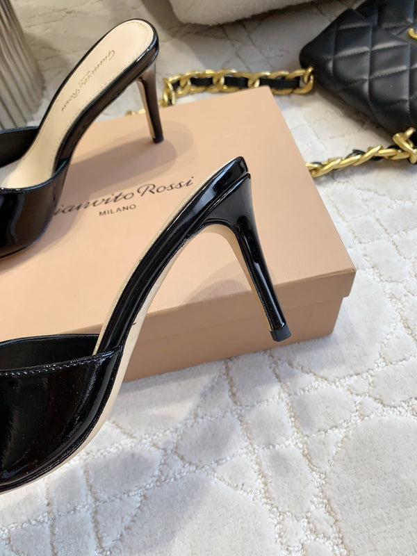 GR Pointed-Toe Mule Sandals 8.5cm Black Patent Cowhide 851874