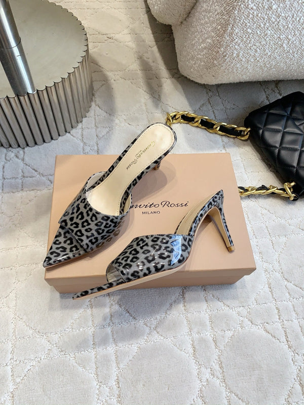 GR Leopard Print Pointed-Toe Mules 8.5cm Grey Patent Cowhide 851872