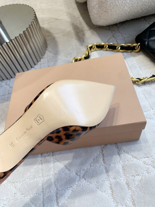 GR Leopard Print Pointed-Toe Mules 8.5cm Brown Patent Cowhide 851870