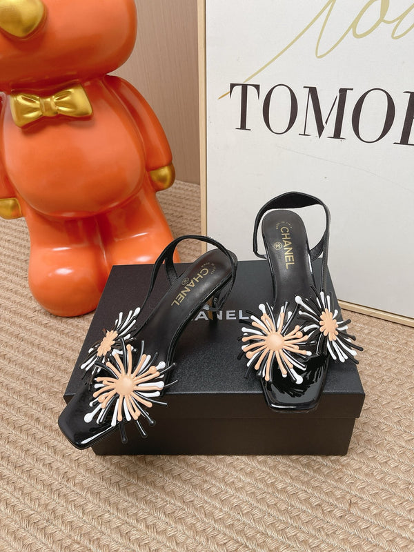 CC Floral Square-Toe Slingback Pumps Black Patent Lambskin 854579