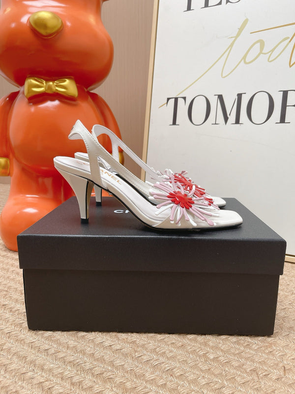 CC Floral Square-Toe Slingback Pumps White Patent Lambskin 854578