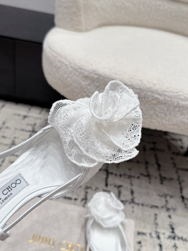 JC Mimmi Slingback Pumps Floral Appliqué 5.5cm White Lace 858433