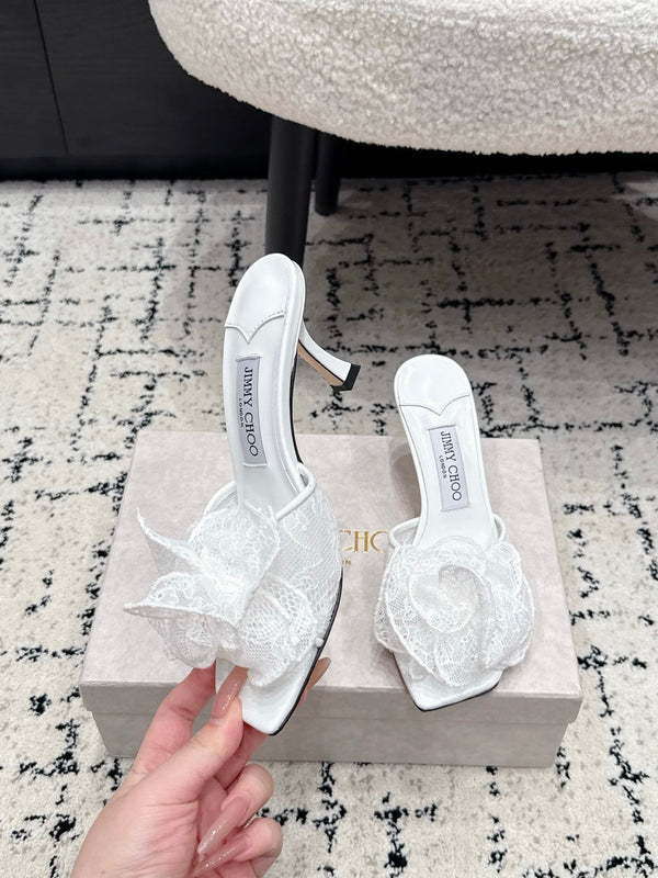 JC 26SS Floral Appliqué Mules 6.5cm White Lace 858429