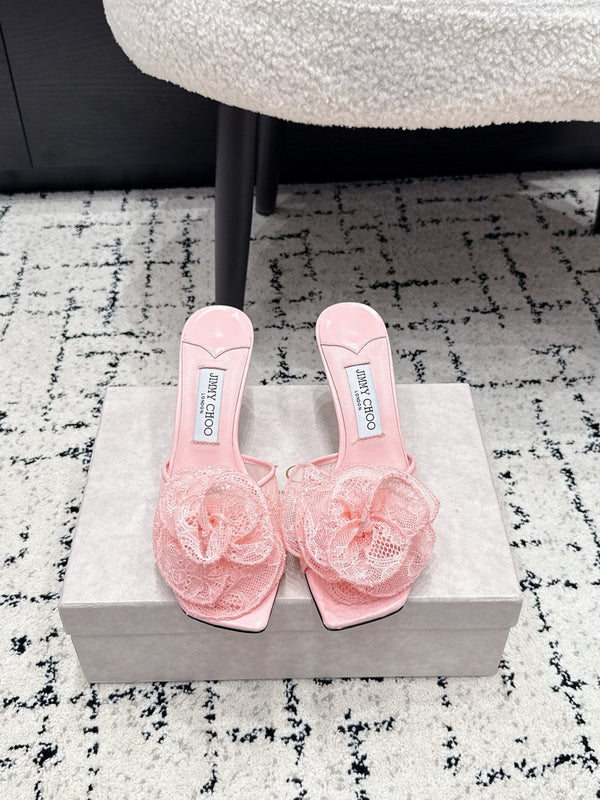 JC 26SS Floral Appliqué Mules 6.5cm Pink Lace 858428
