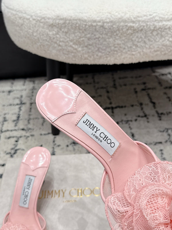 JC 26SS Floral Appliqué Mules 6.5cm Pink Lace 858428