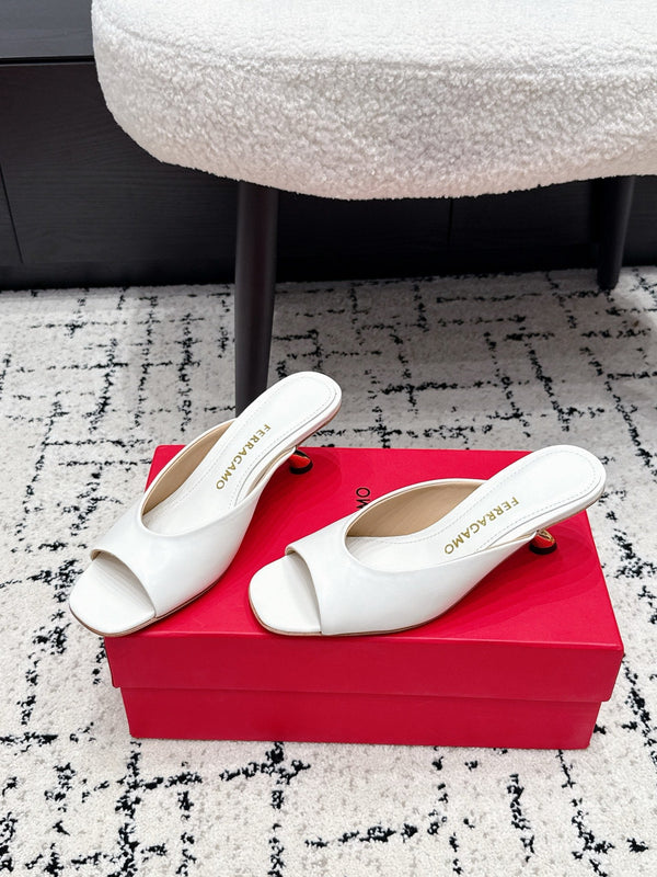 FG 26SS Logo Peep Toe Mules 5.5cm White Lambskin 858415