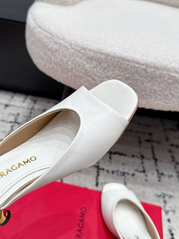 FG 26SS Logo Peep Toe Mules 5.5cm White Lambskin 858415