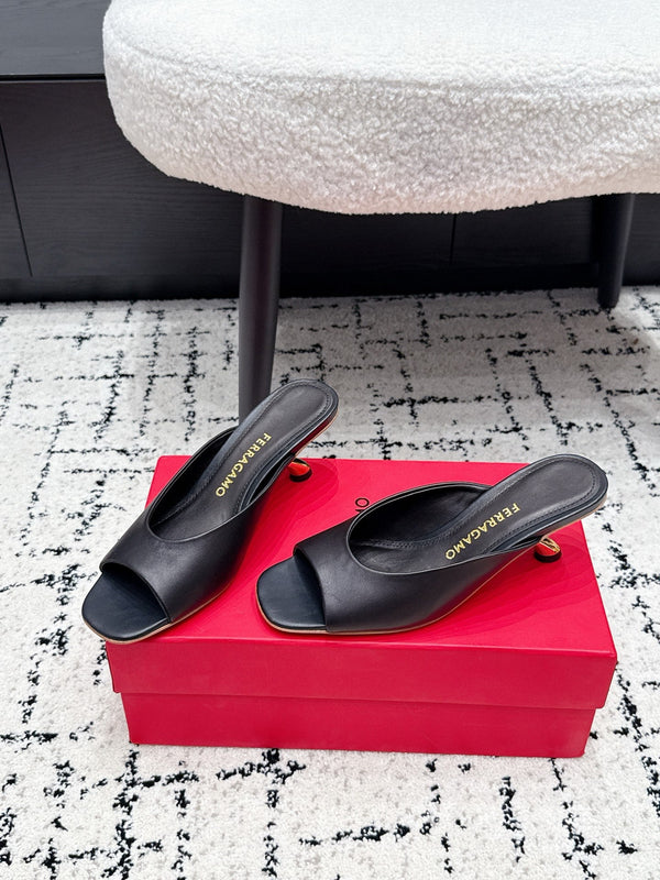 FG 26SS Logo Peep Toe Mules 5.5cm Black Lambskin 858414