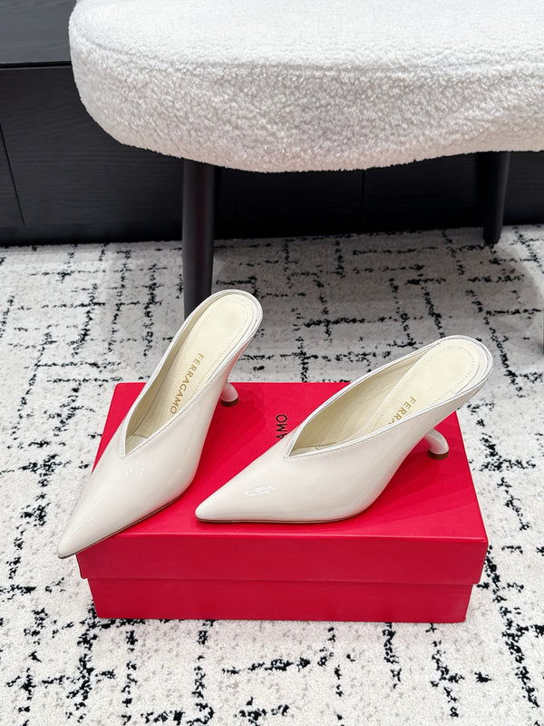 FG Itaca Pointed Toe Mules 9.5cm White Patent Leather 858413