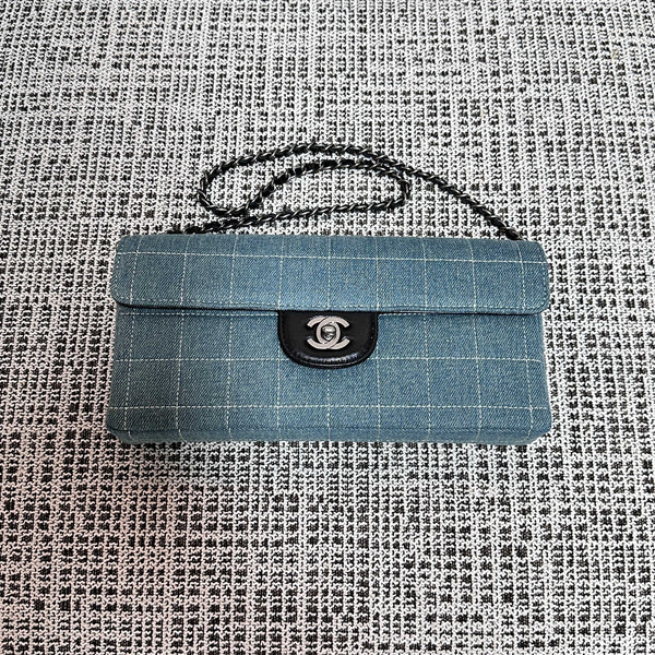 CC East-West Flap Bag 26cm Blue Plaid Denim
