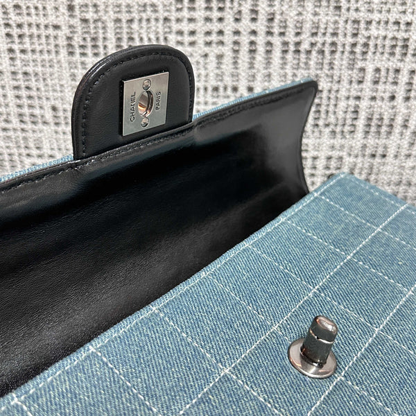 CC East-West Flap Bag 26cm Blue Plaid Denim
