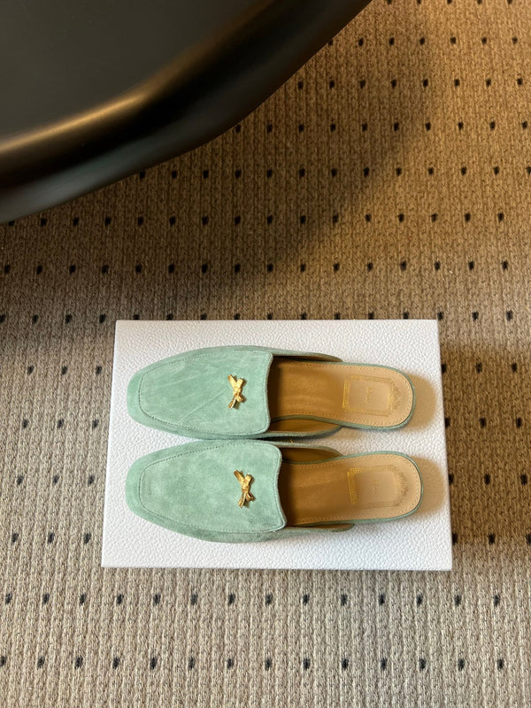 CD Baby Bow Mules Gold Bow Mint Green Suede 858671
