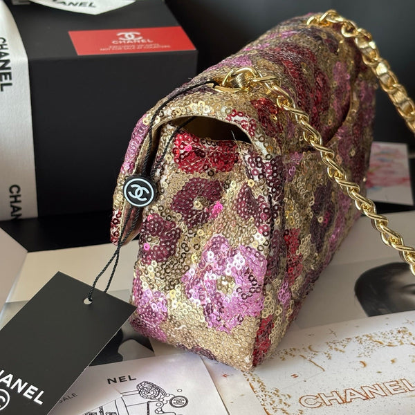 CC Flap Bag Floral 20cm Begie Pink Sequin Leather GHW 158375