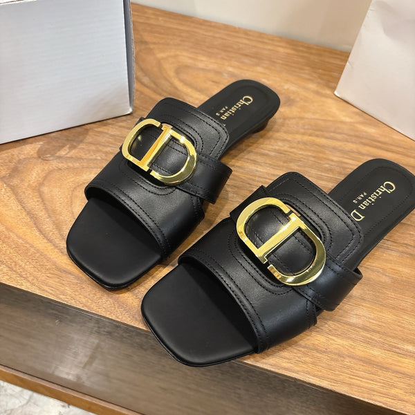 CD Montaigne Slides Buckle Black Calfskin Leather 862374