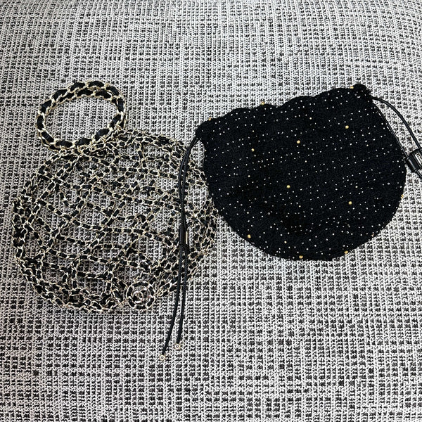 CC 21PF Chain Link Net Bag Drawstring Black Tweed Lambskin & Chain