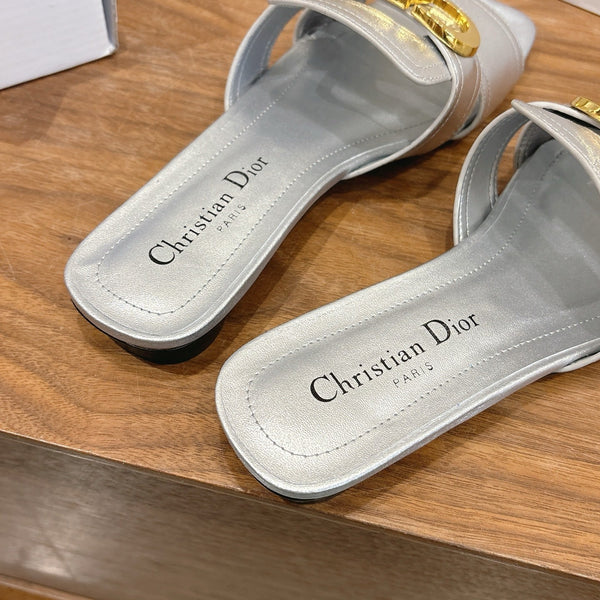 CD Montaigne Slides Buckle Silver Metallic Calfskin Leather 862373