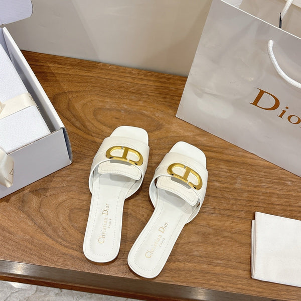 CD Montaigne Slides Buckle White Calfskin Leather 862367