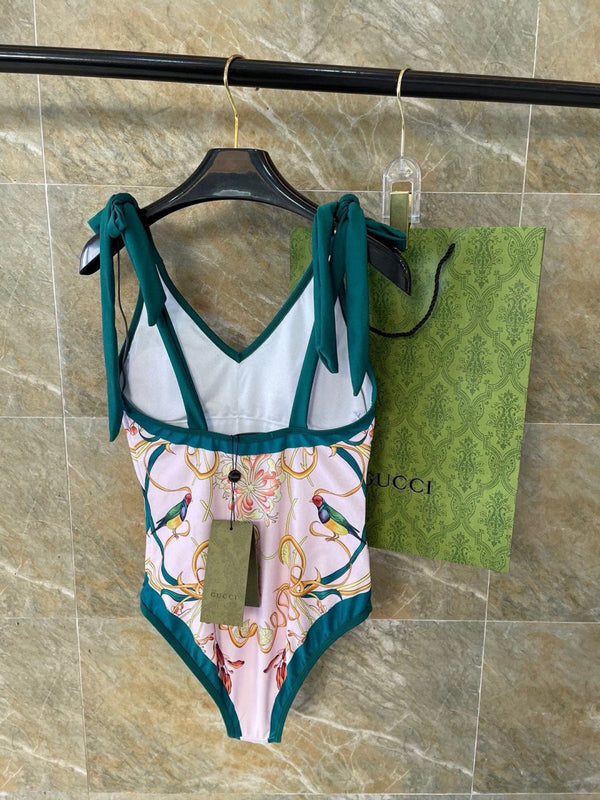 GG Floral & Bird Print Swimsuit and Sarong Set Pink Green 330762