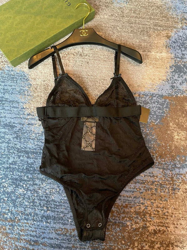 GG Embroidered Logo One-Piece Swimsuit Pale Black 330781