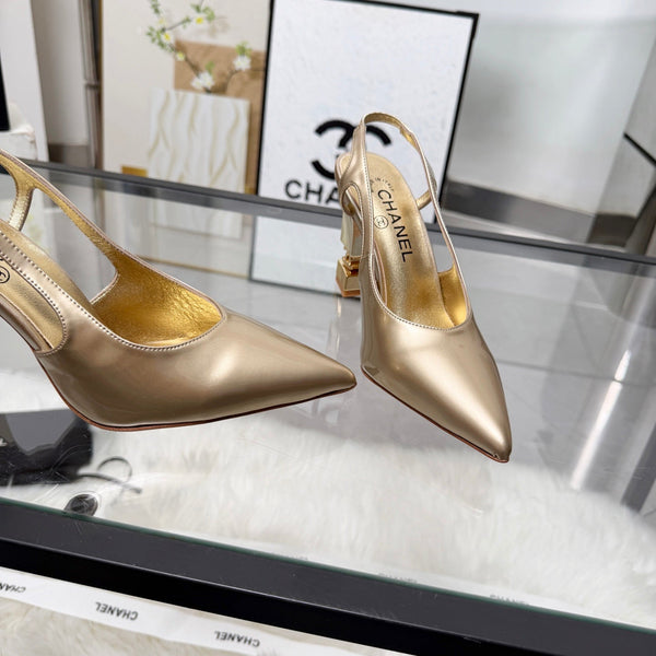 CC Pointed Toe Slingback Pumps 9cm Gold Metallic Patent Cowhide 872876