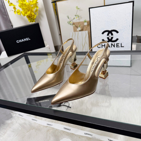CC Pointed Toe Slingback Pumps 9cm Gold Metallic Patent Cowhide 872876