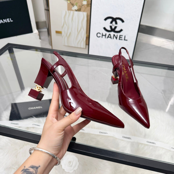 CC Pointed Toe Slingback Pumps 9cm Burgundy Patent Cowhide 872874