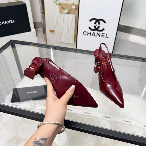 CC Pointed Toe Slingback Pumps 9cm Burgundy Patent Cowhide 872874