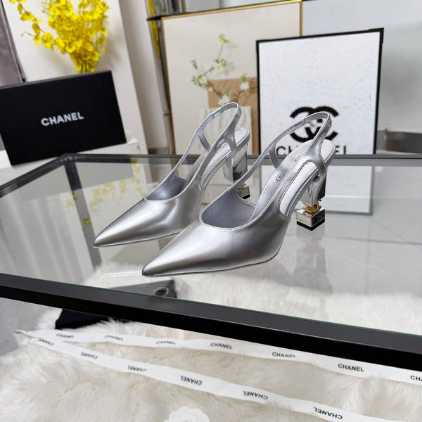 CC Pointed Toe Slingback Pumps 9cm Silver Patent Cowhide 872873