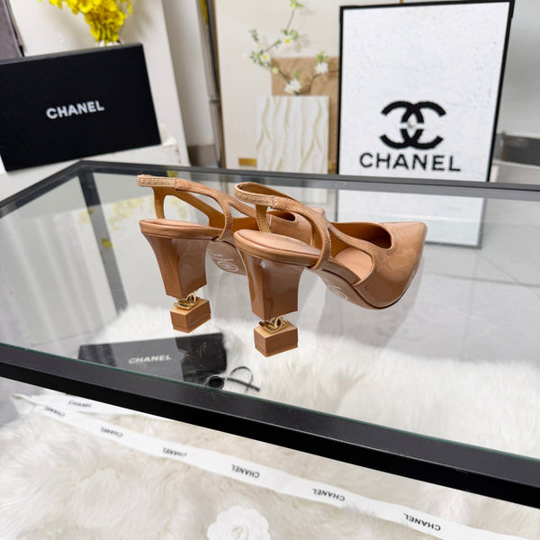 CC Pointed Toe Slingback Pumps 9cm Begie Patent Cowhide 872872