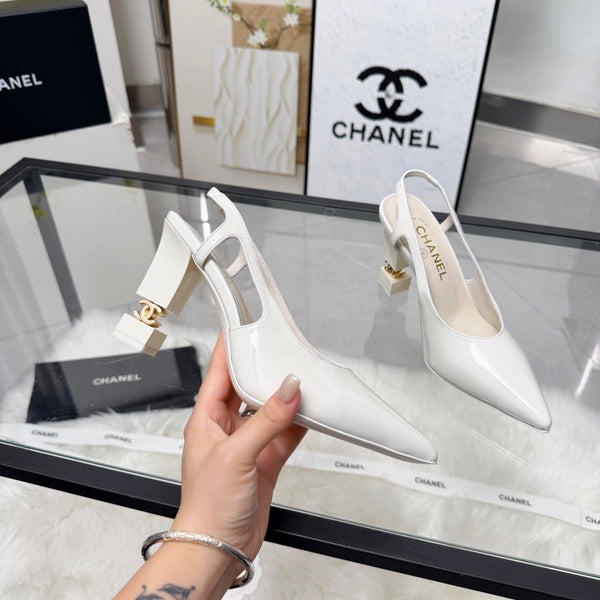 CC Pointed Toe Slingback Pumps 9cm White Patent Cowhide 872871