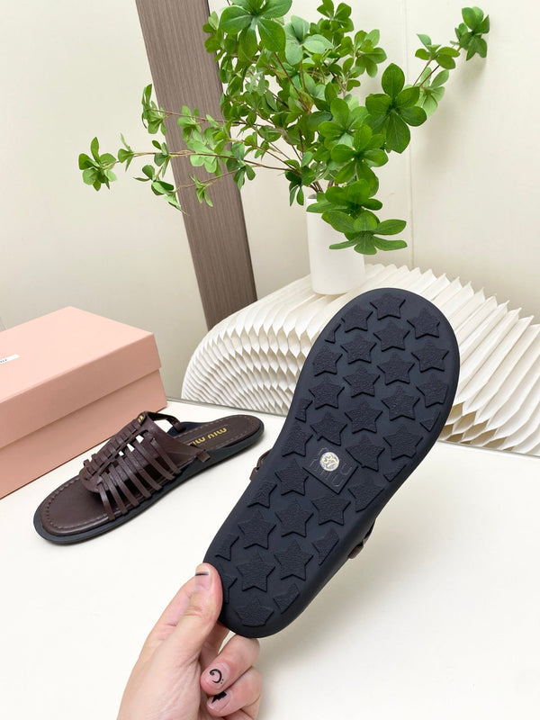 Miu Briarwood Slides Chocolate Cowhide Leather 881414