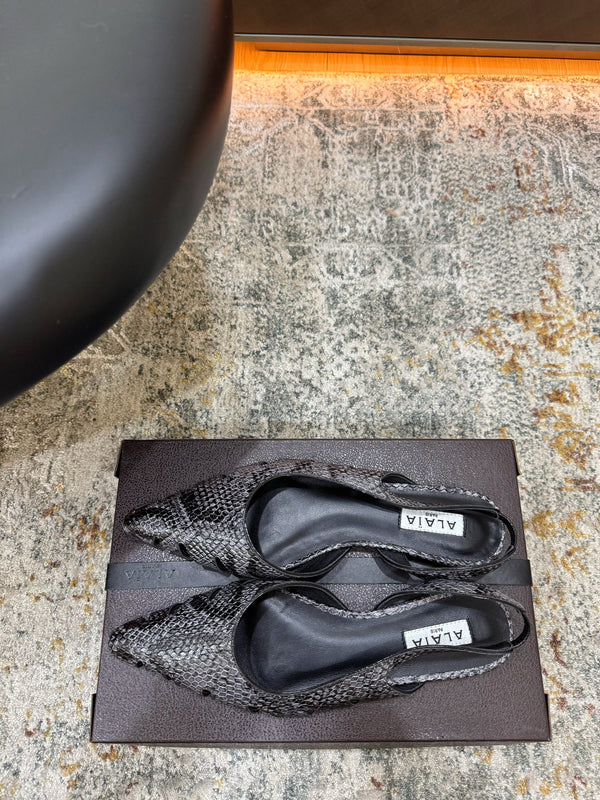 Alaia Snake Print Cutout Slingback Flats Black Grey Cowhide Leather 881556
